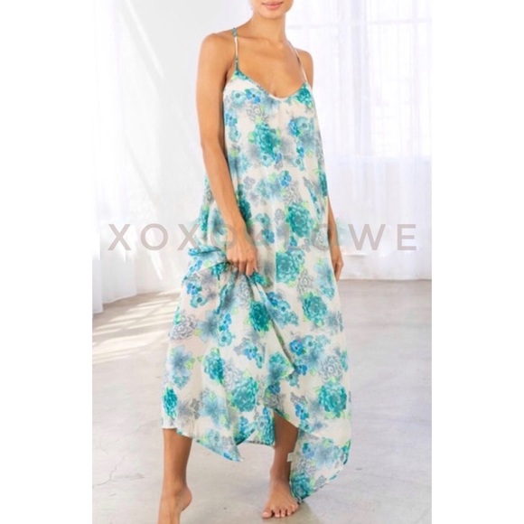 Blue & Green Vibrant Floral Print Maxi Dress Spaghetti Straps Uneven Hem - Picture 3 of 14